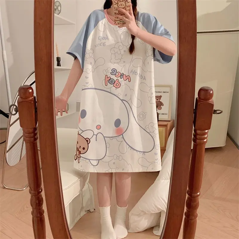 HelloKitty Pochacco Cinnamon Women Sleepwear Loose Large Size Kawaii Cute Cartoon Nightdresses Oversize Cozy Pajama  Loungewear