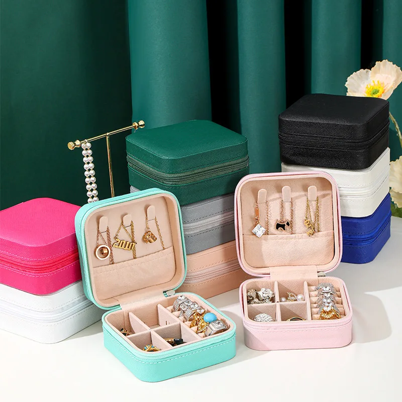 Portable Jewelry Storage Box Mini Leather Zipper Jewelry Box Earrings Necklace Ring Display Rack Travel Jewelry Organizer