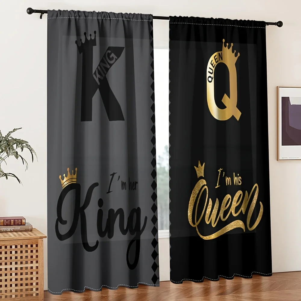 2pc Black Gold Coronation Curtains, French Light Luxury Style, Suitable for Bedrooms&Living Rooms, Rod Pocket Decorative Curtain