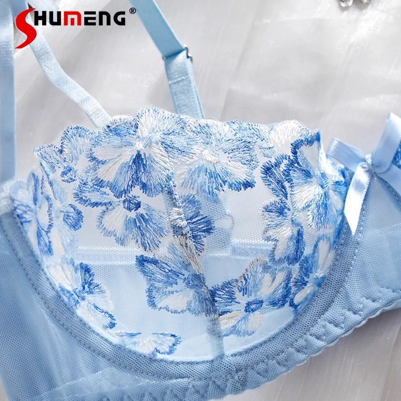 Blue Flower Sexy Lingerie Suits for Women Pure Desire Embroidered Bra Set with Underwire Female Push Up Ultra Thin Underwear