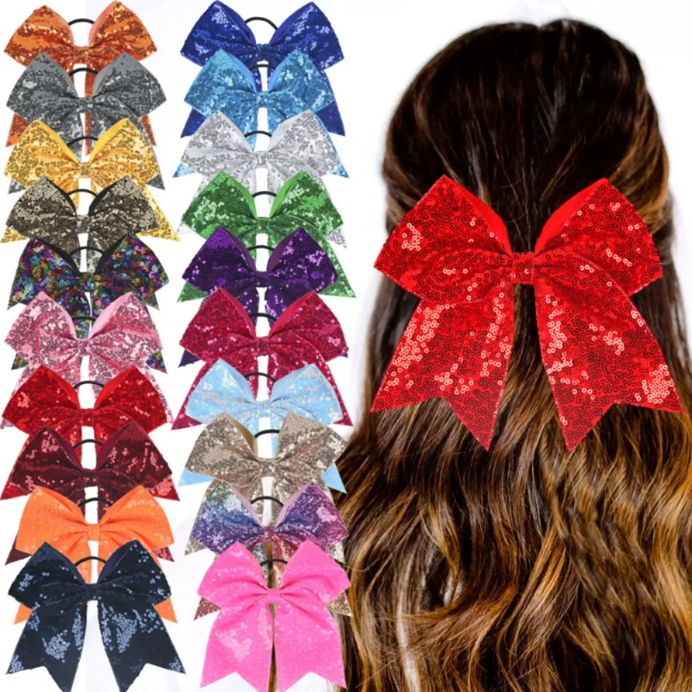 18*19cm dziewczyna Hairband dziewczyny wstążka cheerleaderek kokardy do włosów z cekinami koraliki dzieci Bowknot kucyk Holder kobiety elastyczna opaska do włosów
