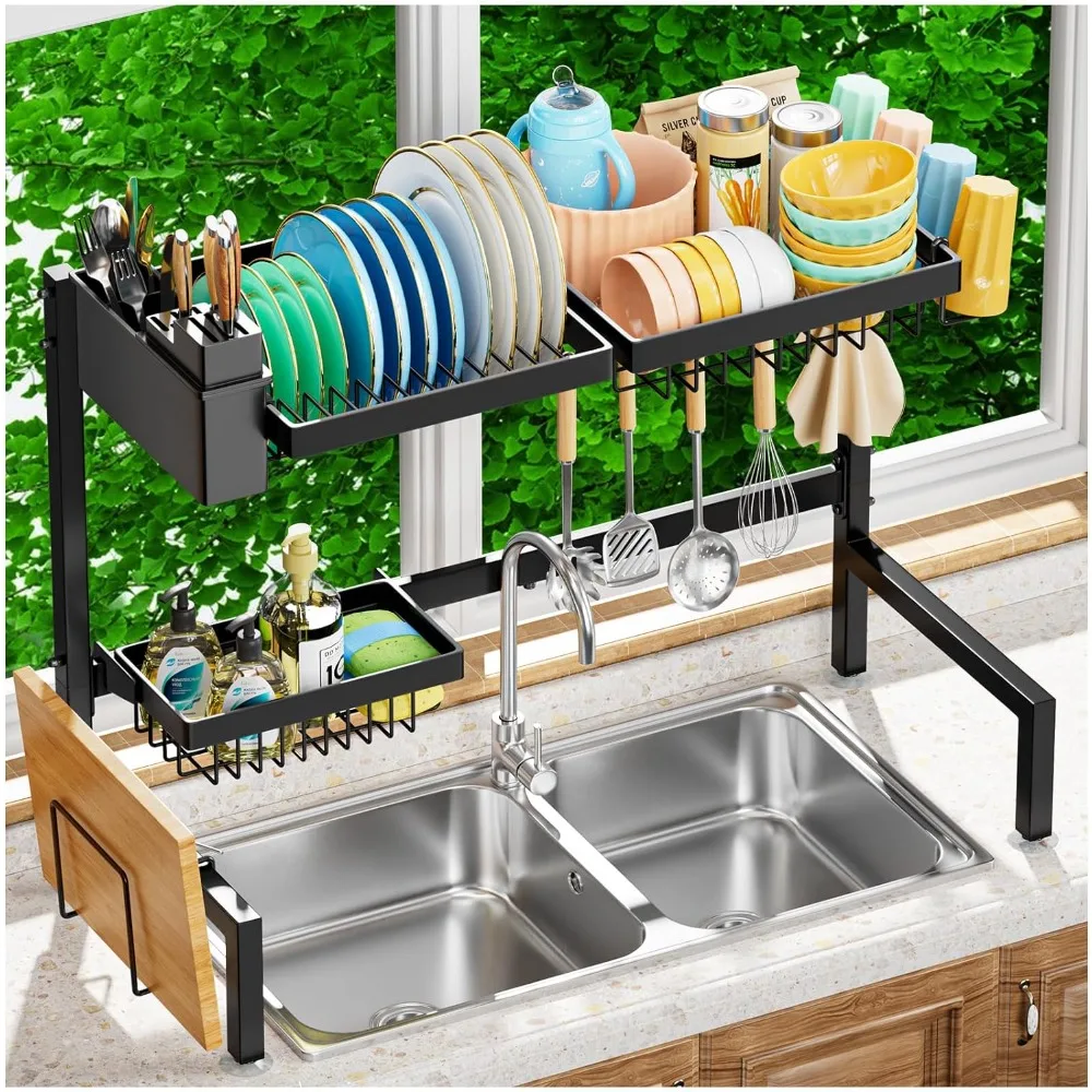 Over The Sink Dish Drying Rack 2 Tiers, for All Sinks (24.8"-35.4"),Expandable Large Capacity Sink Rack, Metal Drying Rack for K