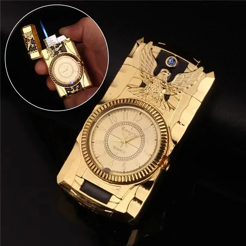 2024 Luxury LED Gold Watch Windproof Jet Butane Lighter Torch Turbo Gas Inflatable Lighter Cigar Cigarette Accessories  Gift