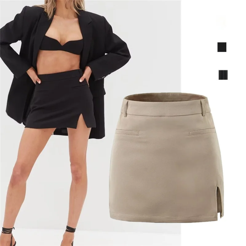 Retro-Rock mit hoher Taille, schmale Passform, A-Linie, asymmetrischer Schlitz, figurbetonter Rock, Street Sle, reine Farbe, trendiger Damenrock