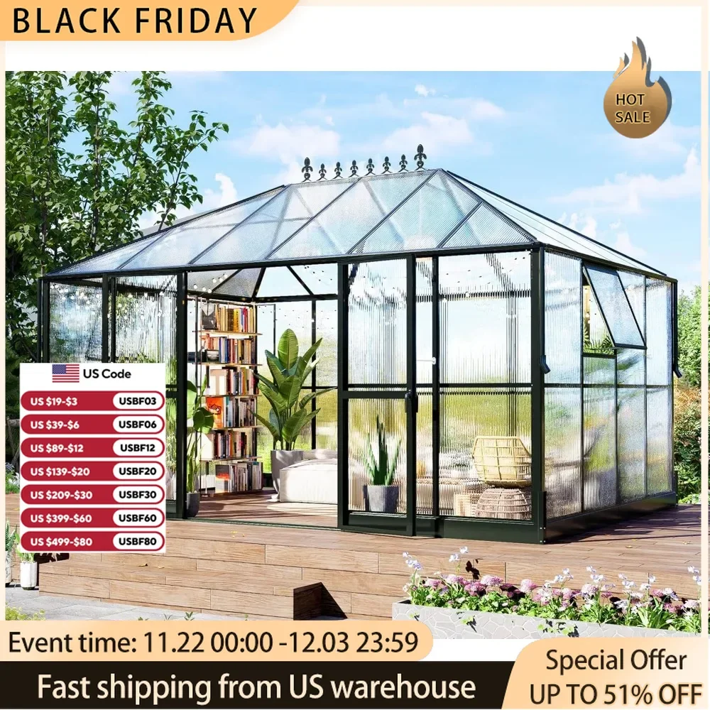 Polycarbonate Greenhouse with 2 Vents and Double Swing Doors,Walk-in Large Winter Greenhouse Sunroom Aluminum GreenhouseOutdoors