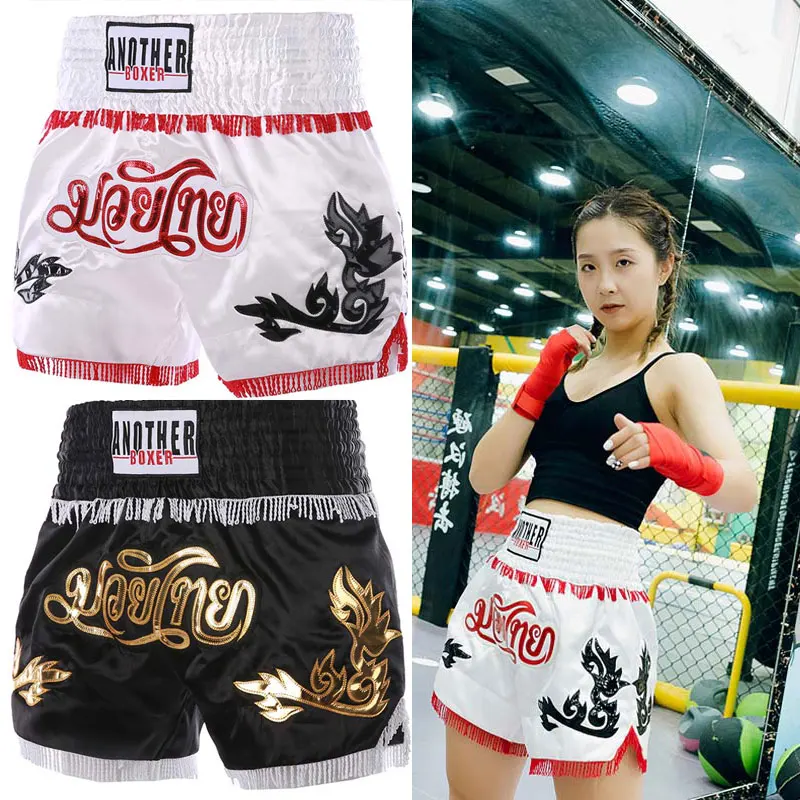 

Thaiboxing Shorts Boys Girls Men Women Professional Fight Thai Pants High Quality Letter Patch Kickbox Short Boxeo Size XS-XXXL