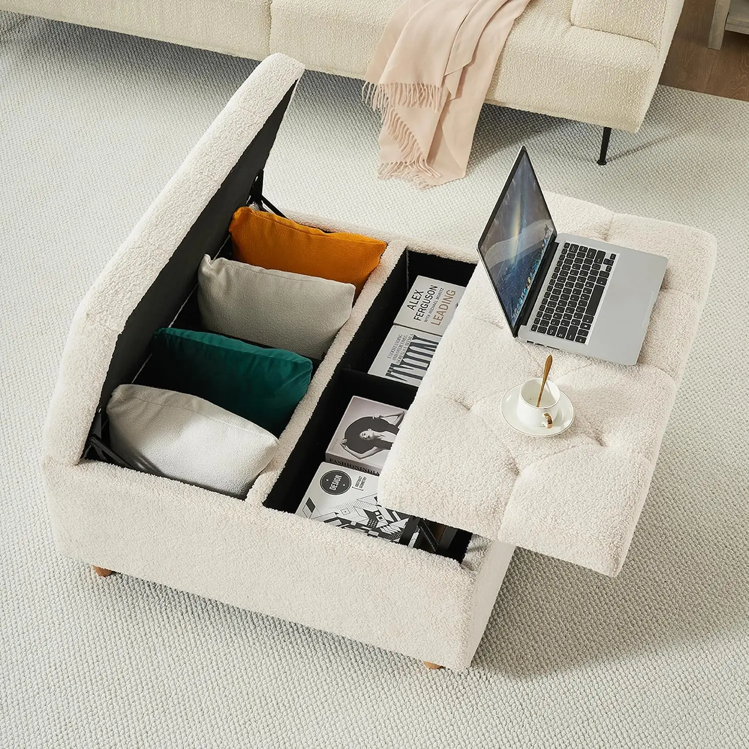 Sherpa Storage Ottoman Lift Top Tufted Upholstered Large Square Bench Bedroom  White, Customized