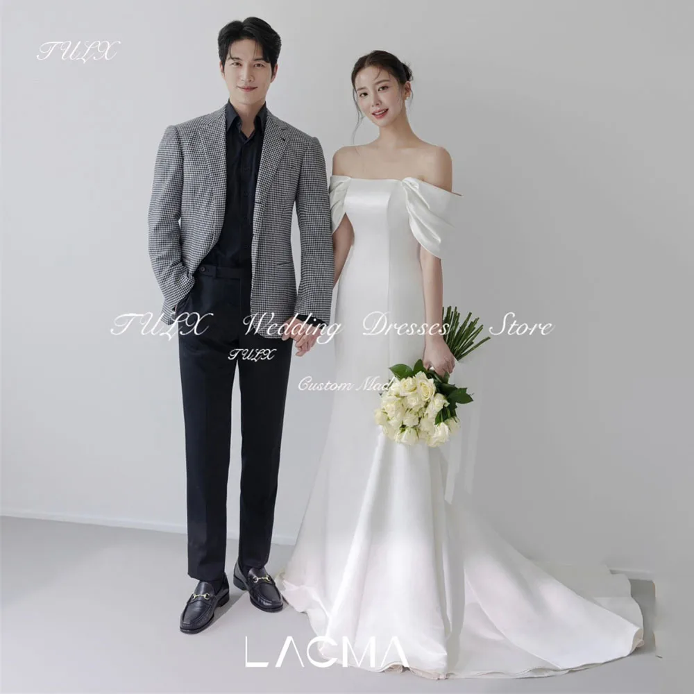 

TULX Elegant Off Shoulder Korea Wedding Photo Shoot Dress Mermaid Long Sweep Train Satin Bridal Gowns Corset 웨딩드레스 Customized