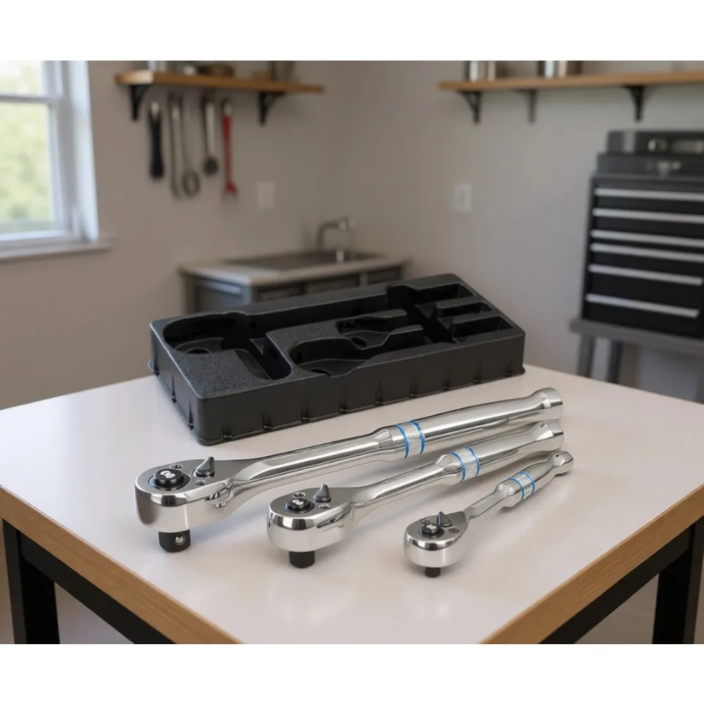 

3 Piece Drive Ratchet Set 1 4 3 8 1 2 Inch 90 Tooth Quick Release Reversible Cr V Full Polish with Storage Box Gift