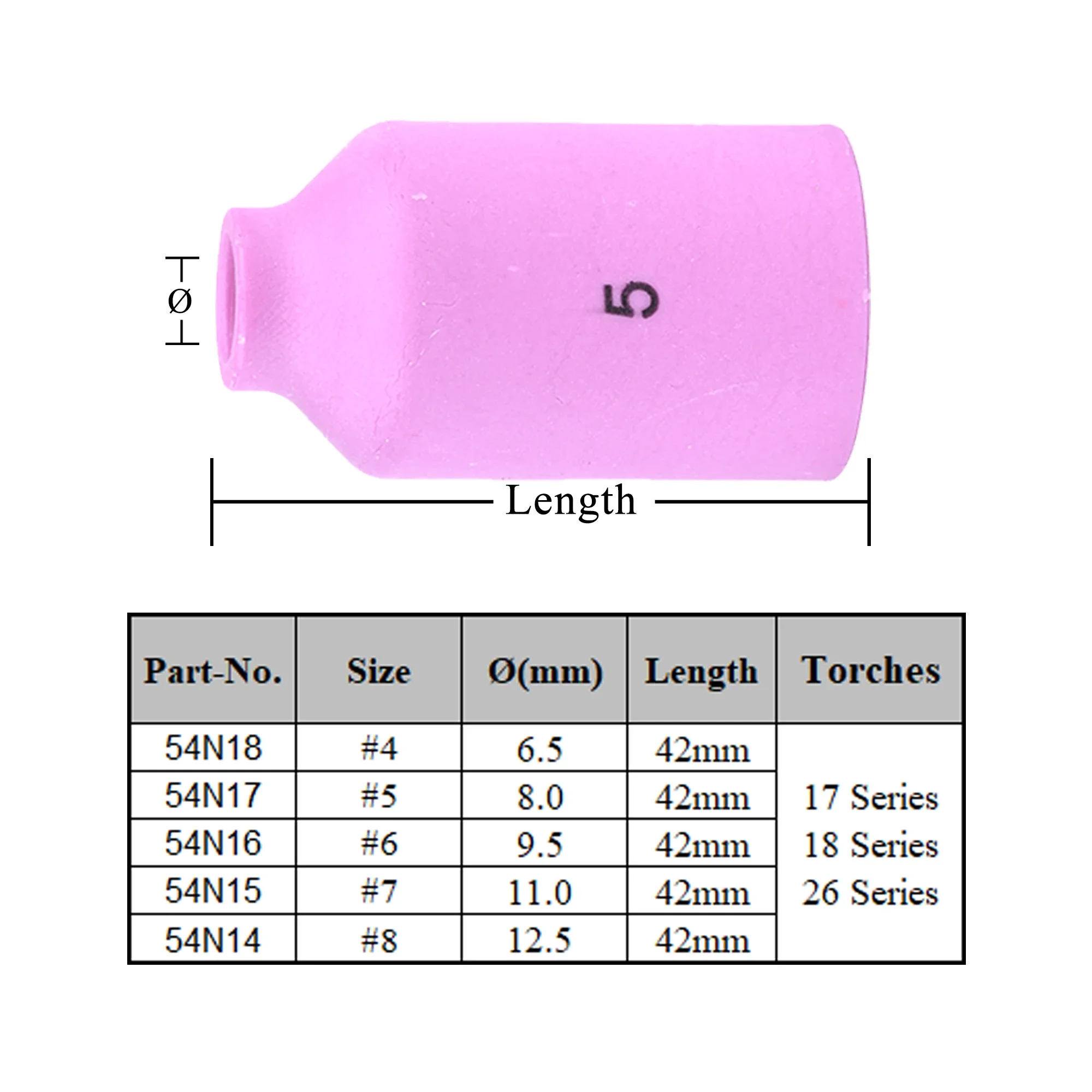 Buses en alumine pour torche de soudage TIG WP17 18 26, accessoires consommables, 54N14, 54N15, 54N16, 54N17, 54N18, 10 pièces par boîte, 42mm