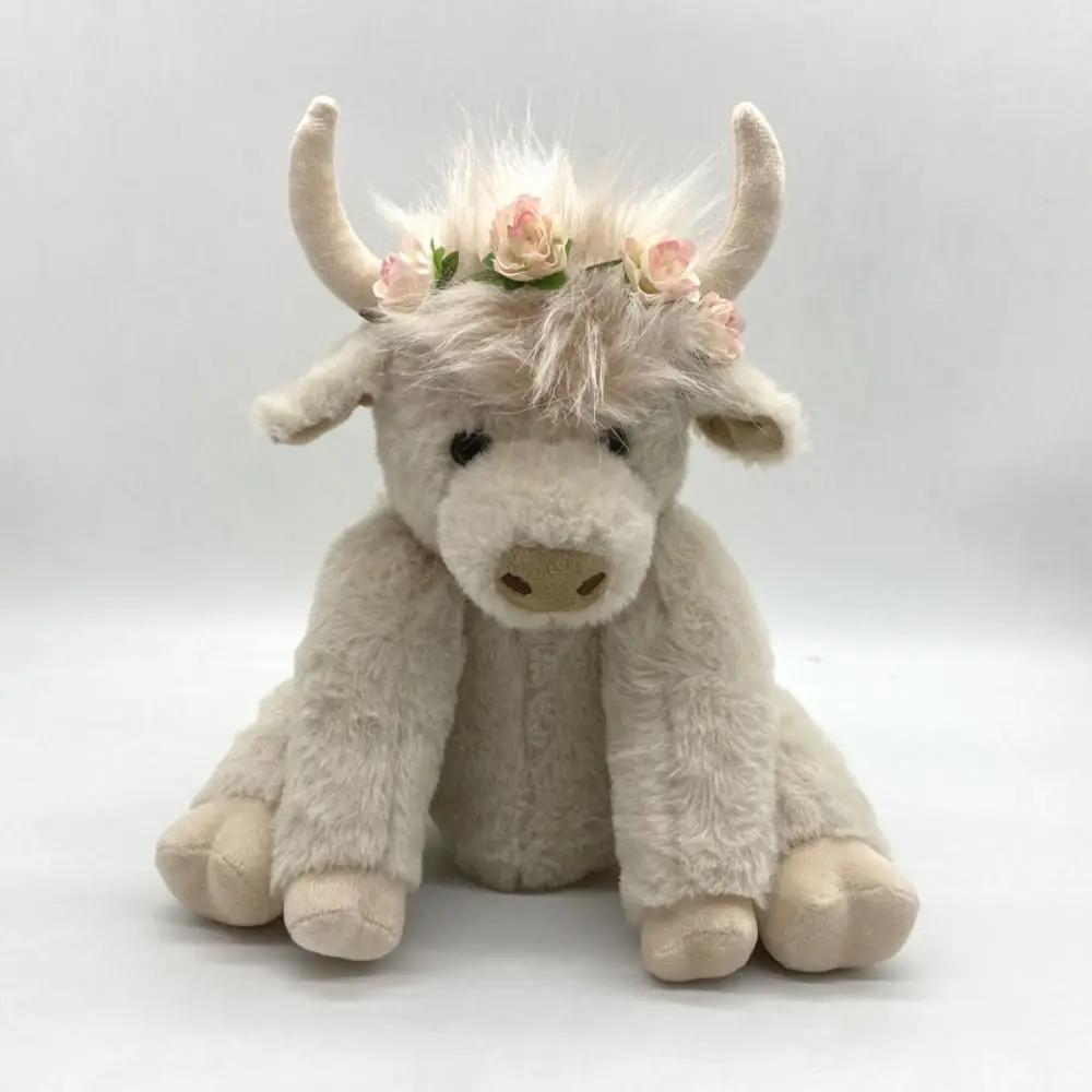 

Simulation Highland Cow Plush Toy Joints Movable 25cm Movable PP Cotton Doll Flower Hairband Realistic Design Long Hair Yak Toy