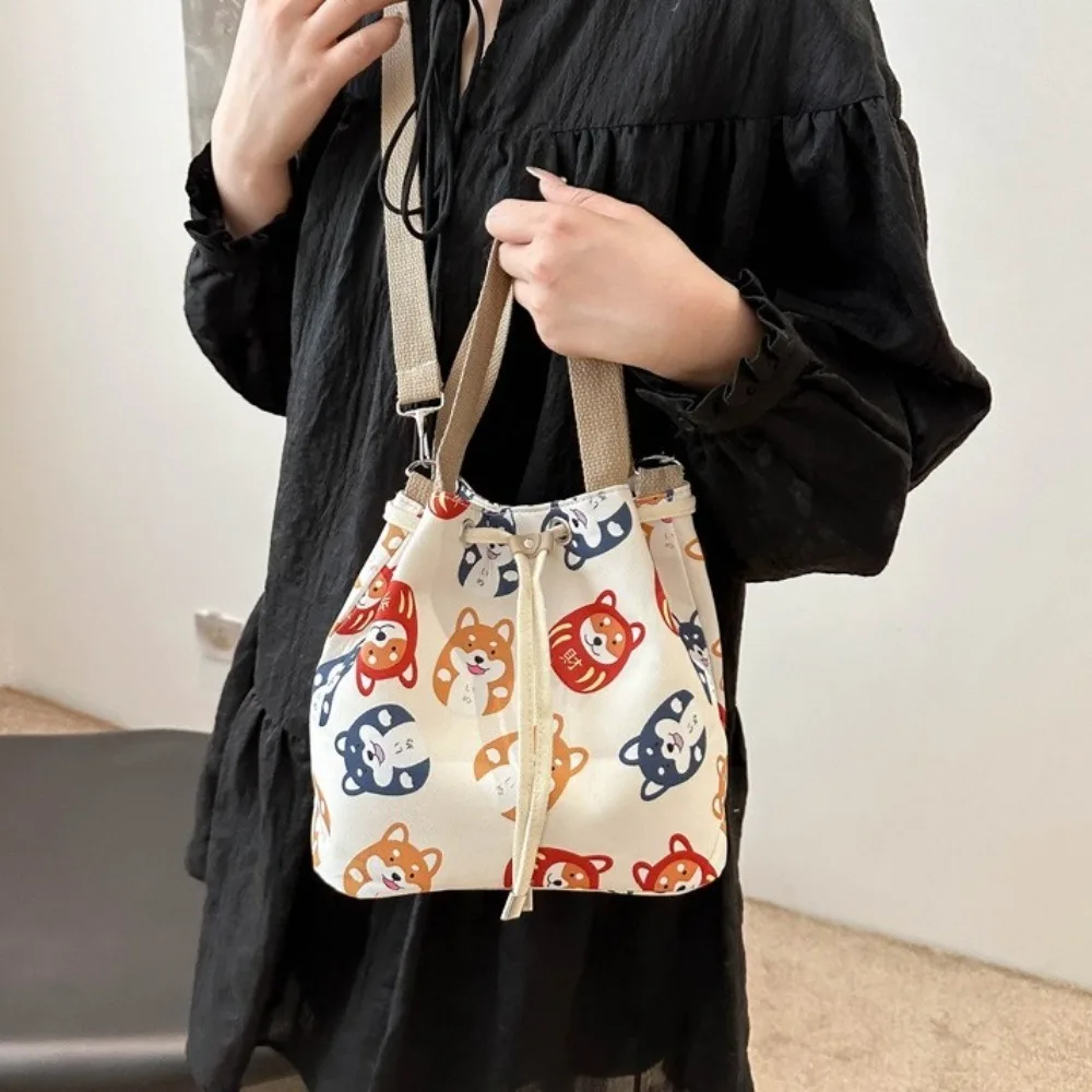 

Portable Dog Drawstring Bucket Bag Flower Large Capacity Canvas Crossbody Bag Handheld Single Shoulder Cartoon Lunch Bag Girl