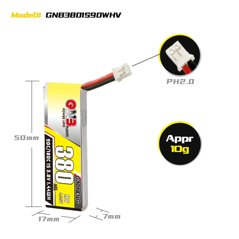 Gaoneng 180C 90C ขนาดเล็ก380mAh HV 1S 3.8V แบตเตอรี่ Lipo แบบ PH2.0 Micro whoops powerwhoop quads Quadcopter helicopter