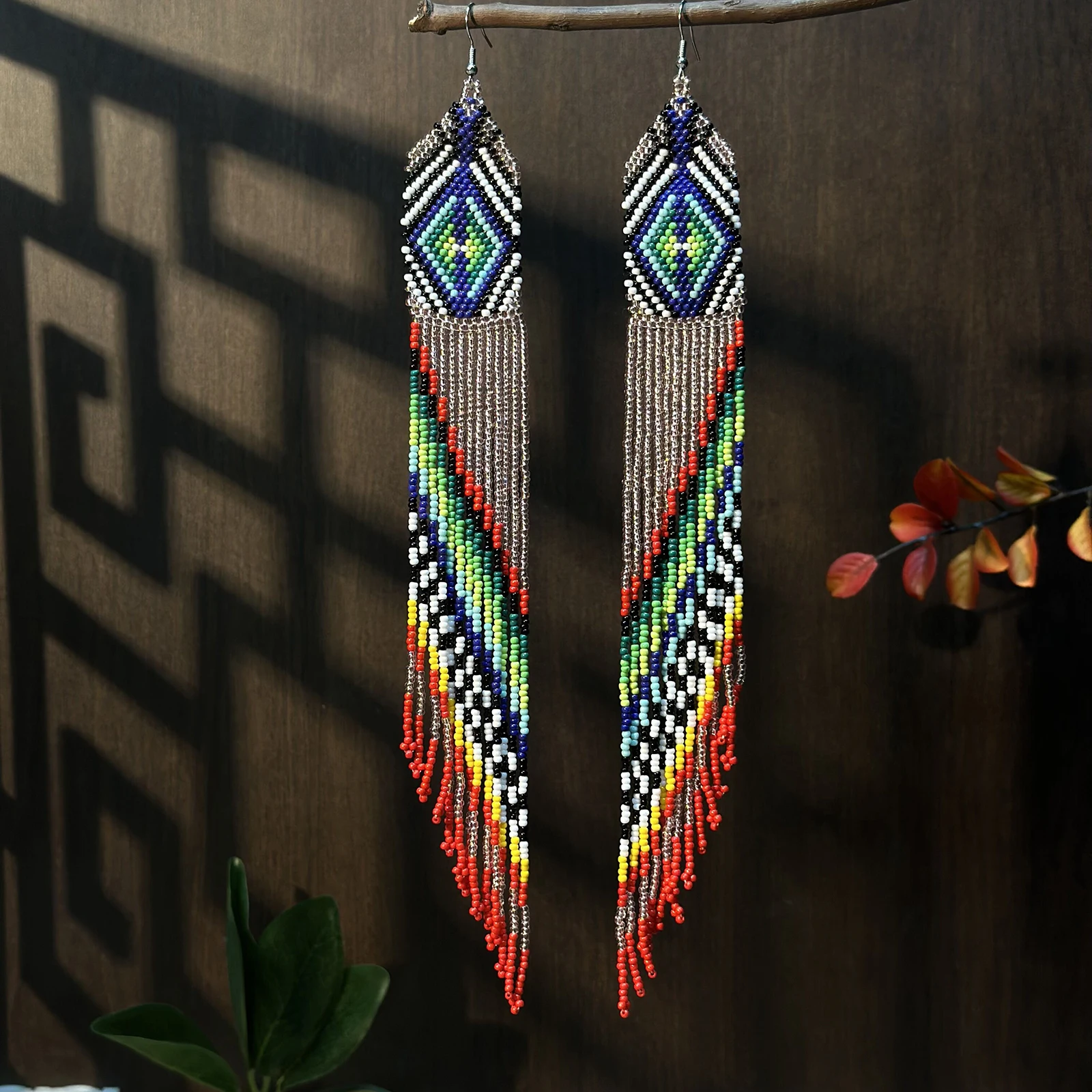 

Bohemian style ultra long tassel gradient earrings, glass bead seed bead earrings, handmade bead earrings