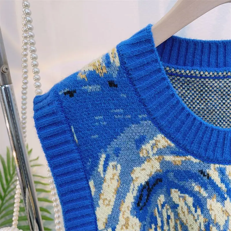 Gogh oil painting autumn and winter new niche design sense knitted sweater vest sleeveless pullover sweater vest ins jacket