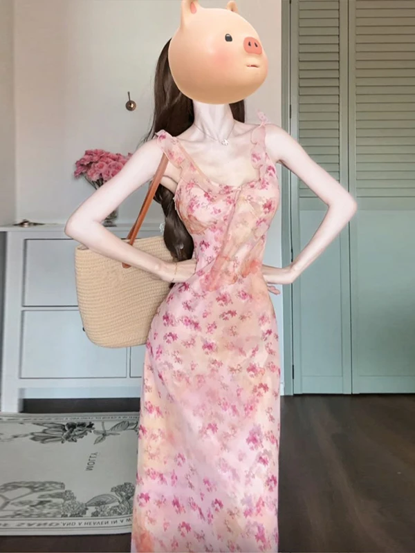 فساتين نسائية بدون أكمام من الحرير الربيعي الأزرق ومنظور شفاف من Ditsy بطبقات للنزهة والطبيعة الرعوية اللطيفة Y2K #2