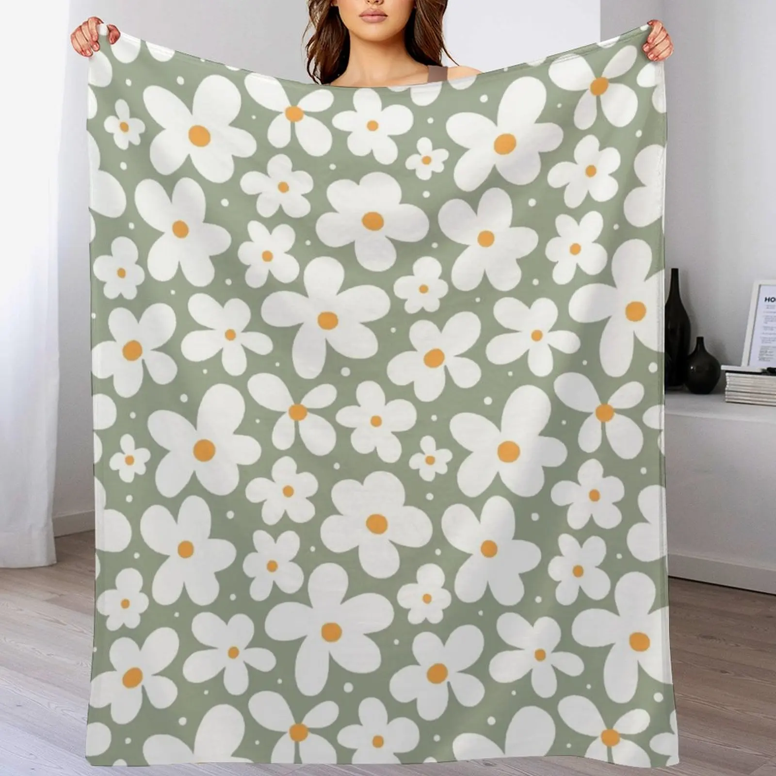 Groovy Daisies Floral Retro Daisy Pattern Sage Olive Green Throw Blanket anime Heavy Vintage Cute Blankets