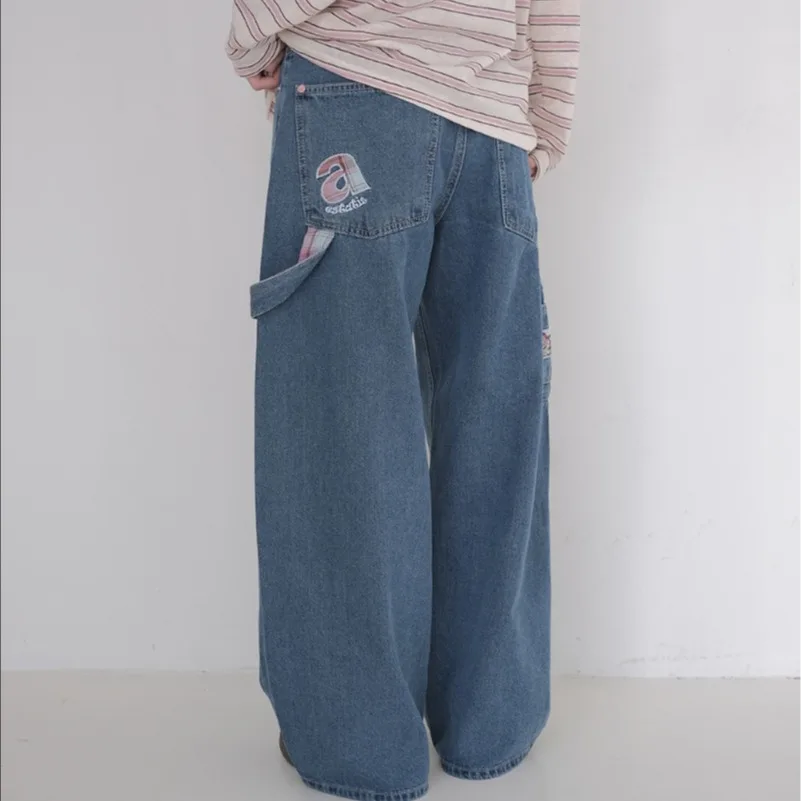 Korean Chic Letter Patched Workwear Denim Pants Women High Waist Multiple Pockets Loose Wide Leg Washed Long Trousers