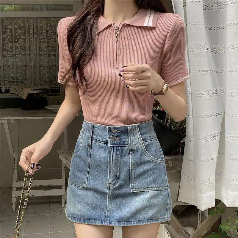 Harajuku Ice Silk Knit Short-sleeved T-shirt Knit Shirt New Slim Short Tees Polo Shirt Top Korean College Kawaii Women Clothing