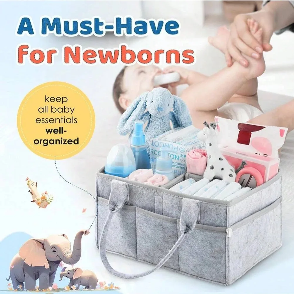 Baby Diaper Caddy with Handle, Gender-Neutral Nursery Storage Basket, Portable Tote Bag, Car Organizer, Newborn Essentials