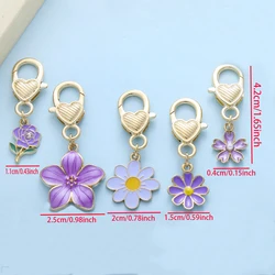 5pcs Fashionable Charm Alloy Enamel Purple Flower Girl Keychain Durable Versatile For Backpacks Car Key Chain