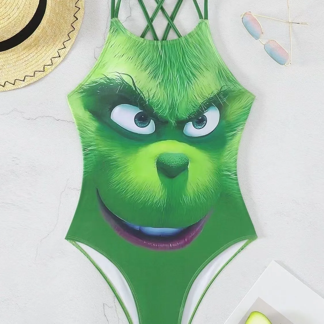Bañador monstruo de pelo verde de una pieza, estilo divertido, nicho, fino, que cubre el estómago, sentido avanzado