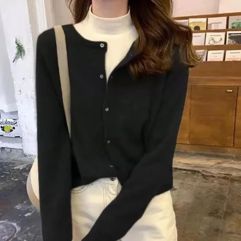 Fall Solid Color Knitted Cardigan Women Korean Single Breasted Long Sleeve Jumper Woman Round Neck All Match Sweater Outwear Top image 4