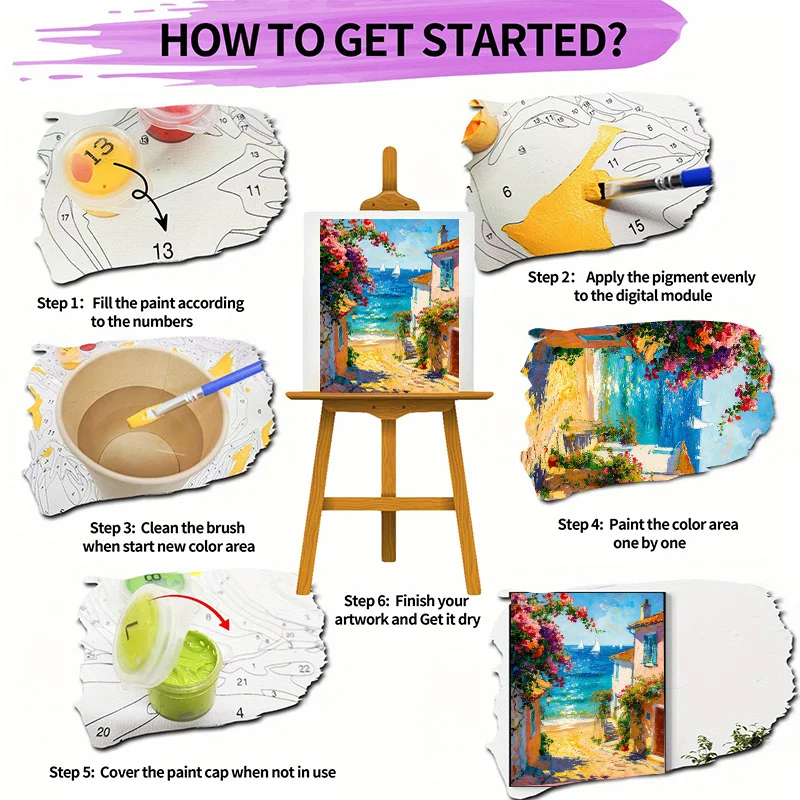 Professional Art Use, 1 Set Professional Art-Grade Adult Paint by Numbers DIY Kit, Mediterranean Style Seaside Town Floral Lands