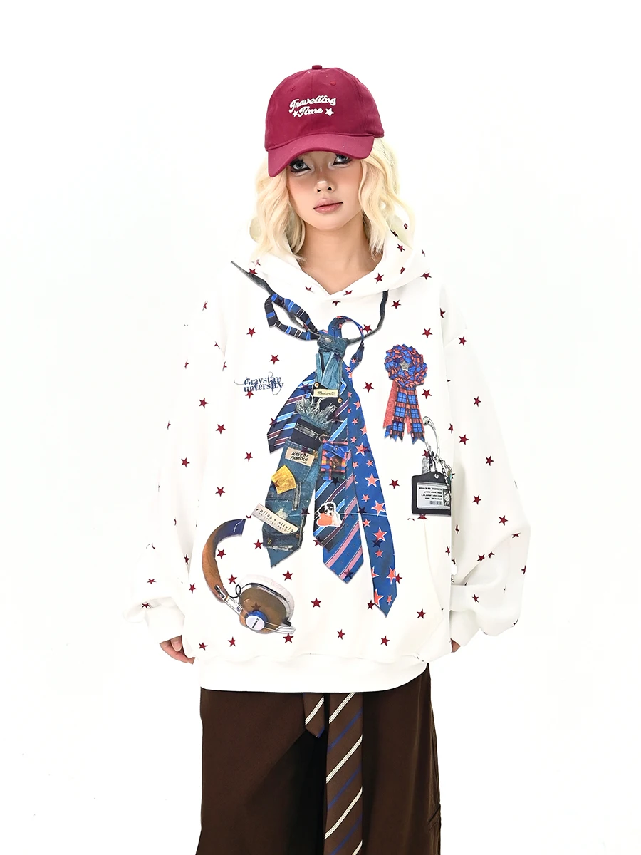 

Белая толстовка с принтом звезд, женская, свободного кроя, в стиле BF, для колледжа, осенняя новинка, уличная одежда, с длинными рукавами, стандартный крой