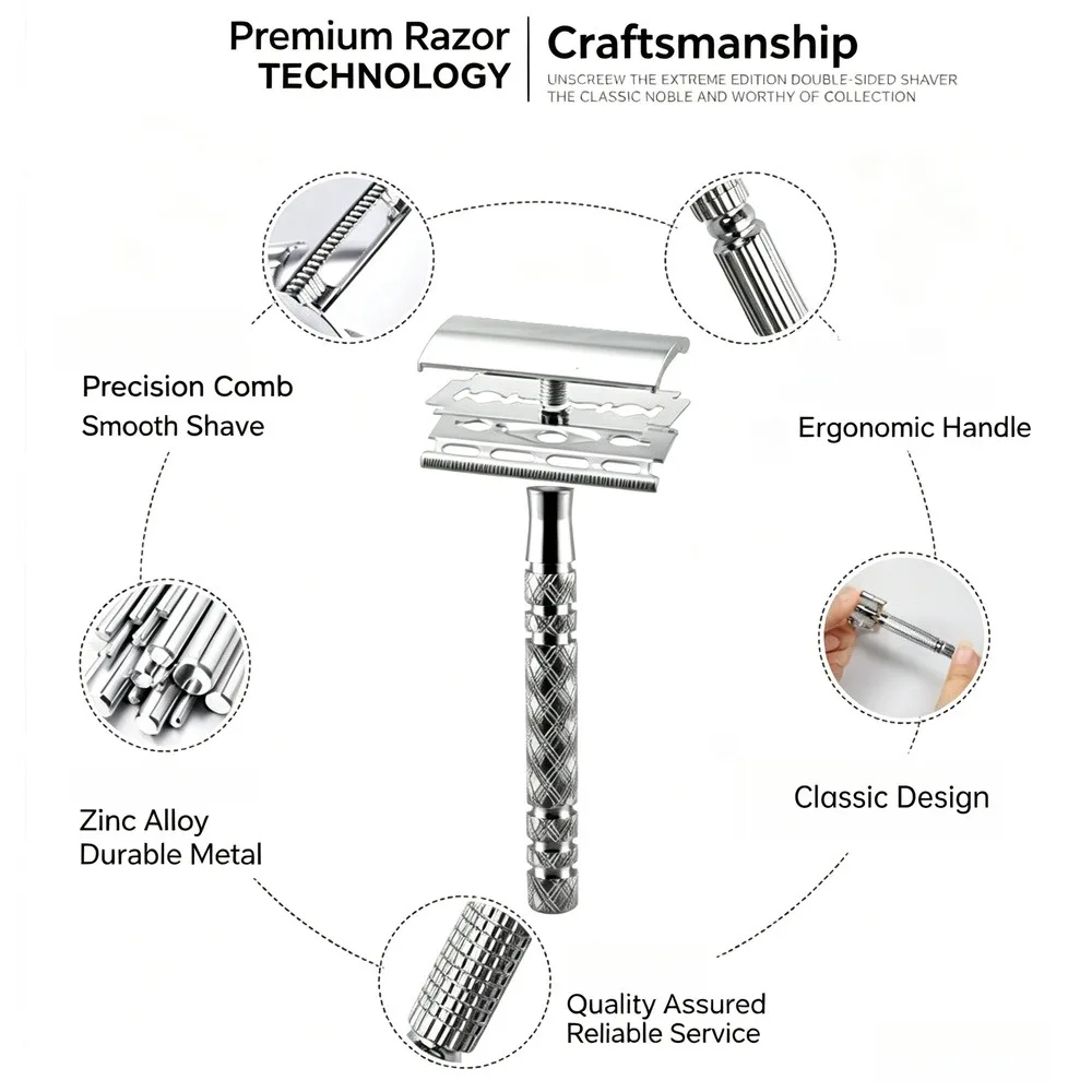 Vintage Double Edge Safety Razor for Men, 1 Razor Handle + 18 Replacement Blades, Reusable Metal Safety Shaving Razor with Clear Travel Storage Case, Classic Wet Shave Beard Razor