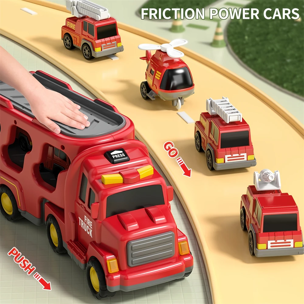 Friction Power Vehicle Toy Car Set Toddler Fire Engine Toys For Boys Girls Carrier Truck Transport Cars Firefighter Vehicles