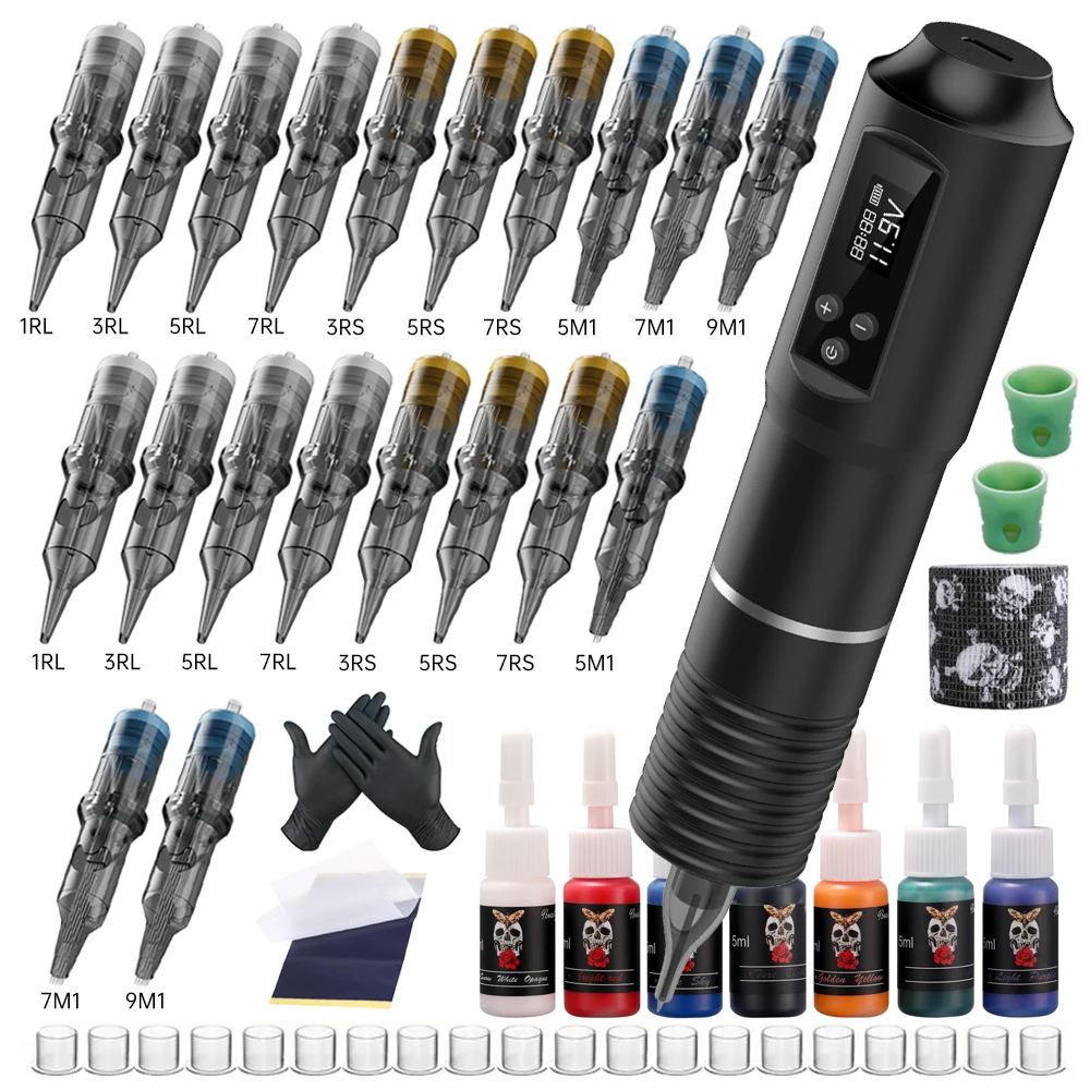 Tattoo Machine Kit Complete Wireless Led Display Charging Tattoo Battery Pen Set With 20PC Cartridges Needle For Body Artist