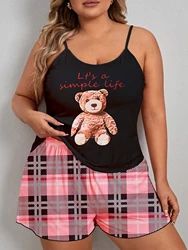 2-piece set of oversized women's pajamas cute bear print suspender shorts and home clothing