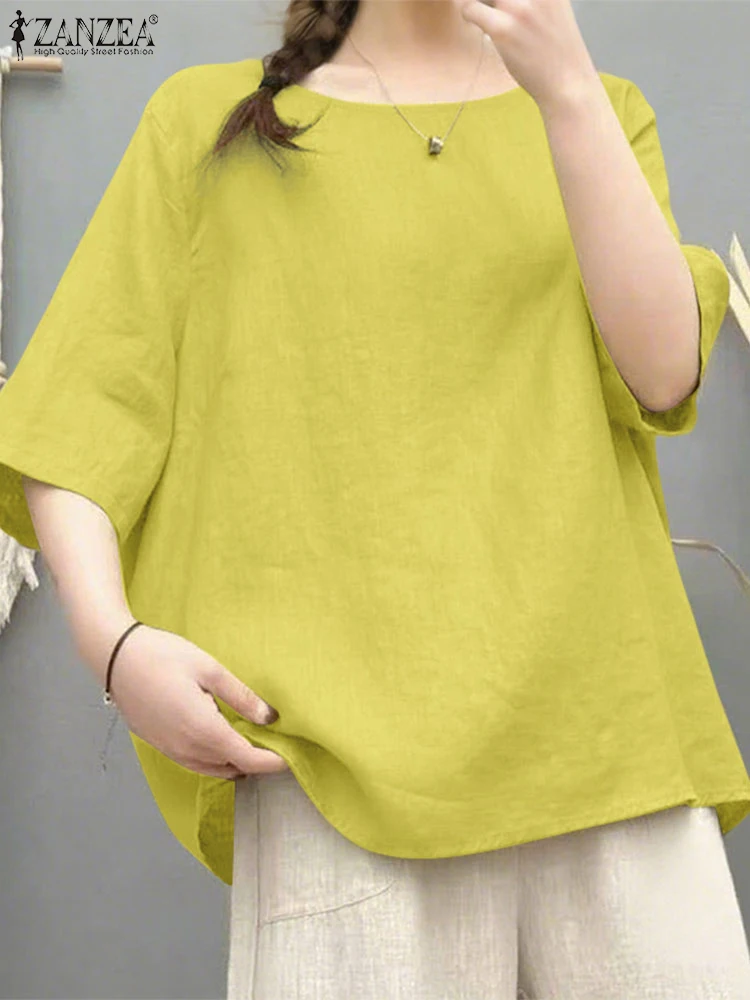 Casual Losse Blouses Vrouwen Katoen Linnen Tops Effen Kleur Tuniek 2025 ZANZEA Mode Half Mouw Blusas Lente O-hals Trui
