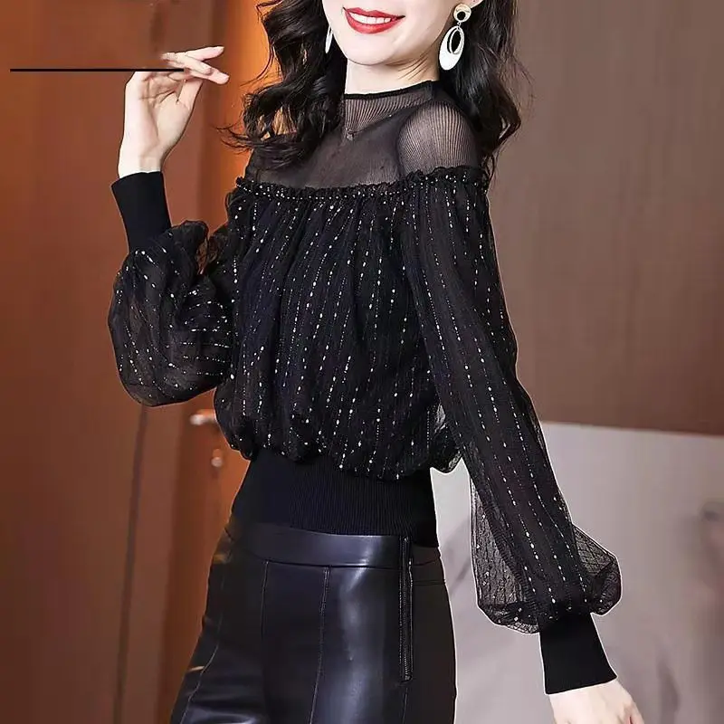 Spring Autumn Elegant Fashion Mesh Spliced Tops Women\'s Clothing Korean All-match Long Sleeve Solid Bright Silk Tops for Female