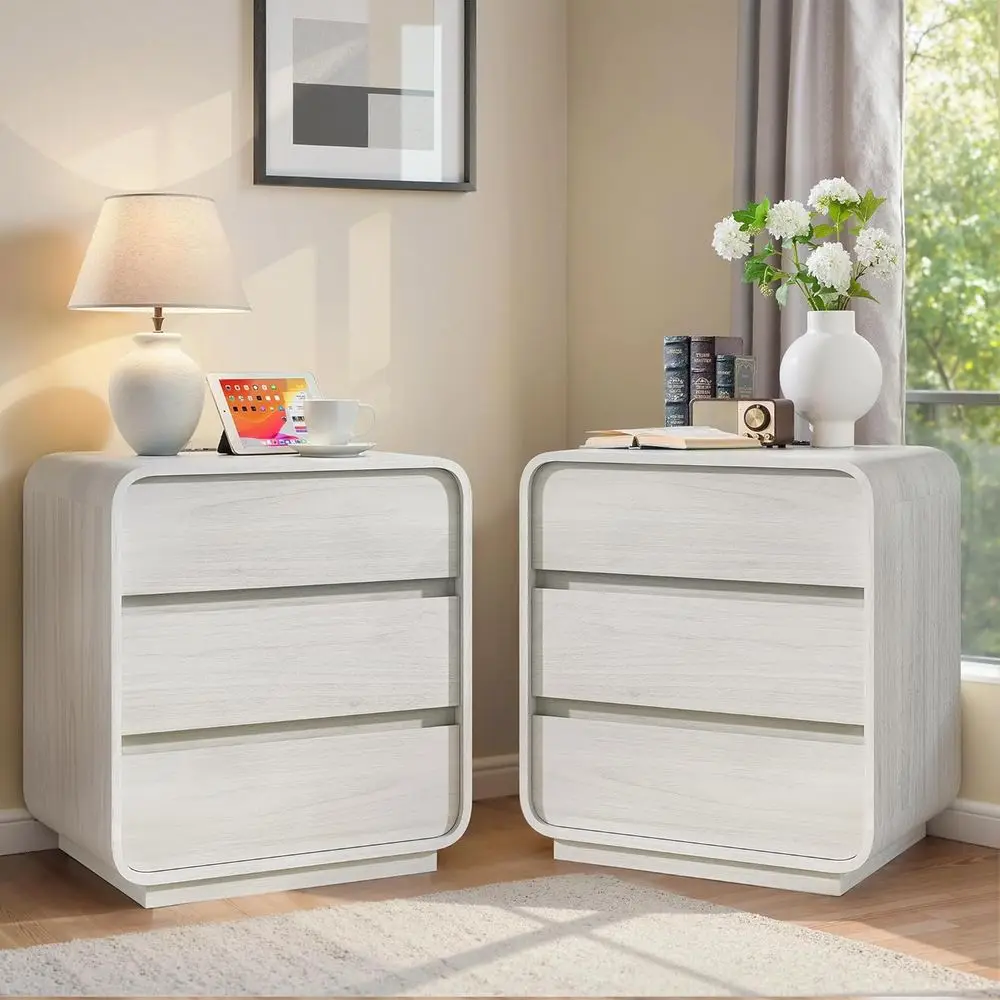

WHI Nightstand Set o 2 with Charging Station, 23.2" Wide Wood Bede Table, ern Drer End Table with 3 Storage Ders, Curved Proile,
