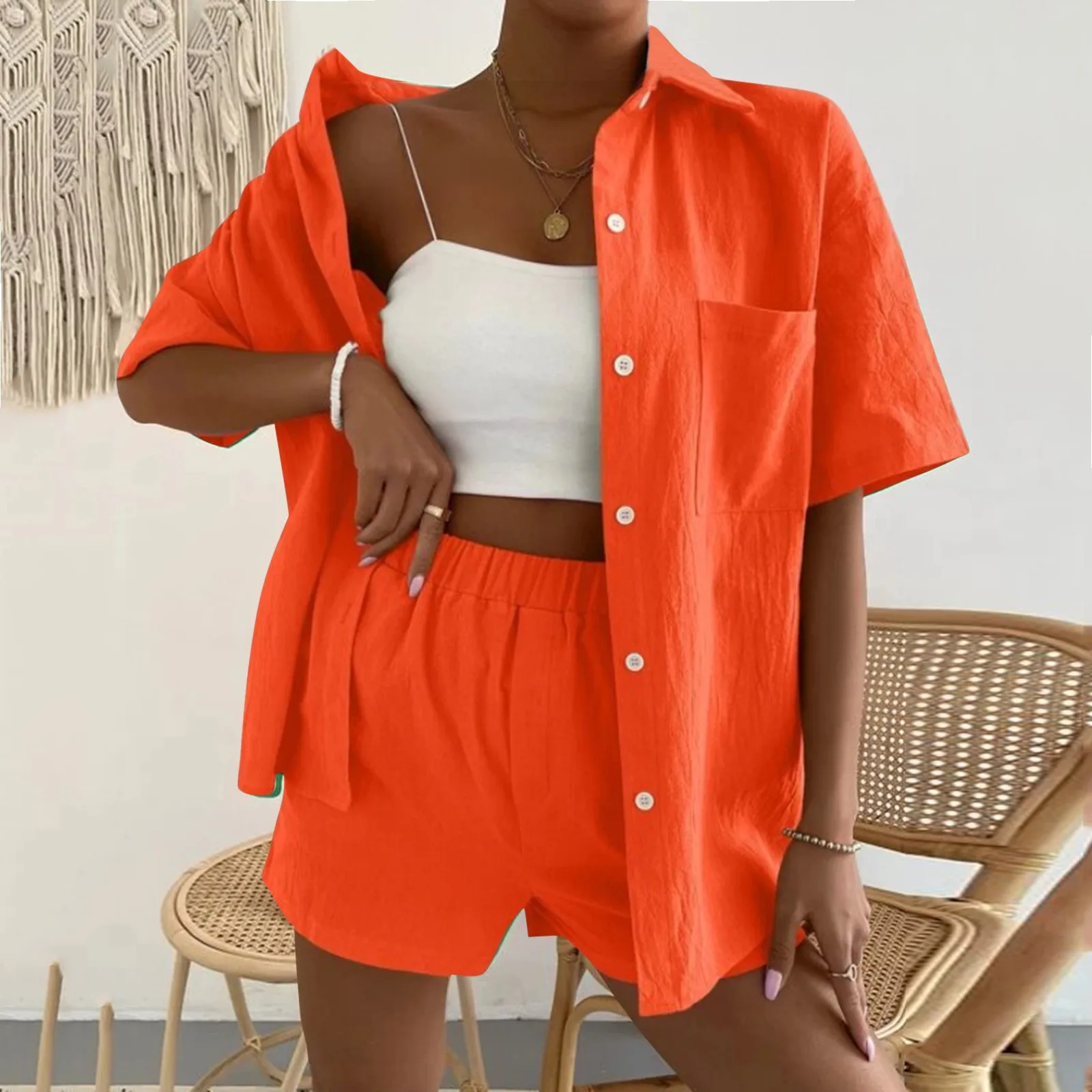 Ladies Cotton And Linen Fashion Suit Solid Color Pocket Patch Off-The-Shoulder Shirt And Shorts 2-Piece Outwear Leisure Set 2024