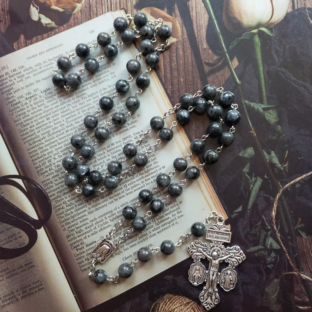 Cottvott Black Stone Beads Chain Rosary Necklace St.Benedict Miraculous Medal Forgiveness Crucifix Cross Prayer Chaplet Jewelry