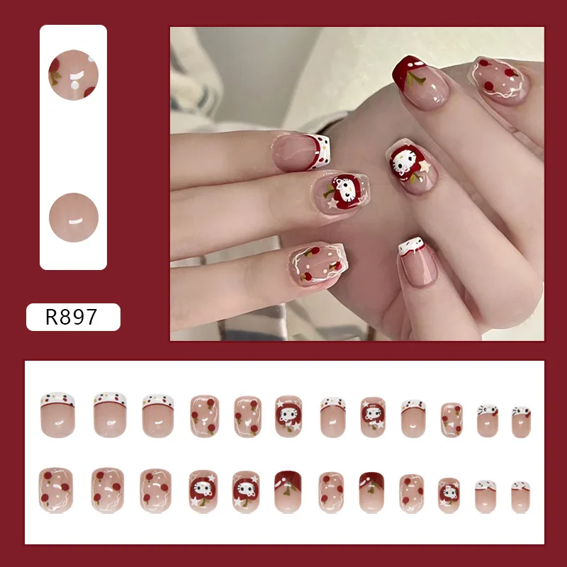 

24pcs Short Coffin Press-On Nails - French Tips With Polka Dots & Apple Prints Playful Star Accents (Multi-Size Fit)