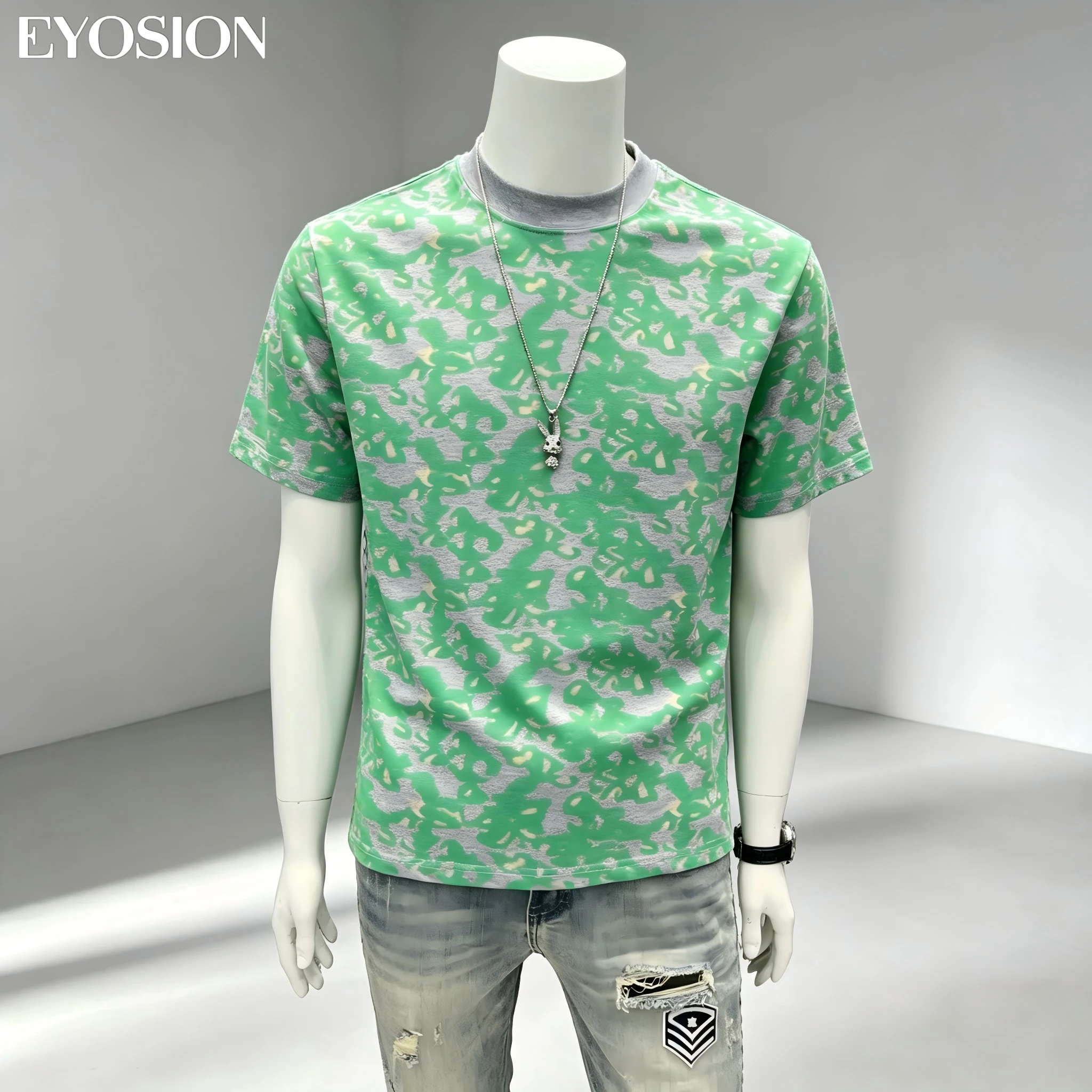 Men's T-shirt High Quality 100% Cotton Contrasting Green Color Tie Dye Summer Men Tee Casual Streetwears Short Sleeve Tee Tops