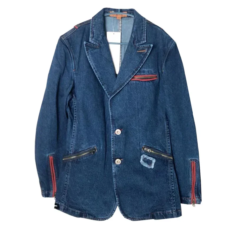 Clearance Sale Men Spring Fall Vintage Red Zipper Patchwork Slim Denim Blazer Coat , Man Casual 3xl Fashion Blazers Coats