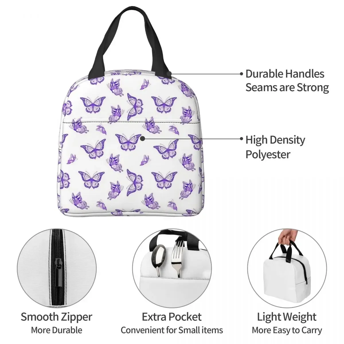 Fiambrera con estampado de mariposa púrpura para mujer y niños, bolsa de almuerzo aislada, bolsas de Picnic reutilizables, fiambrera térmica, bolso de mano para el trabajo