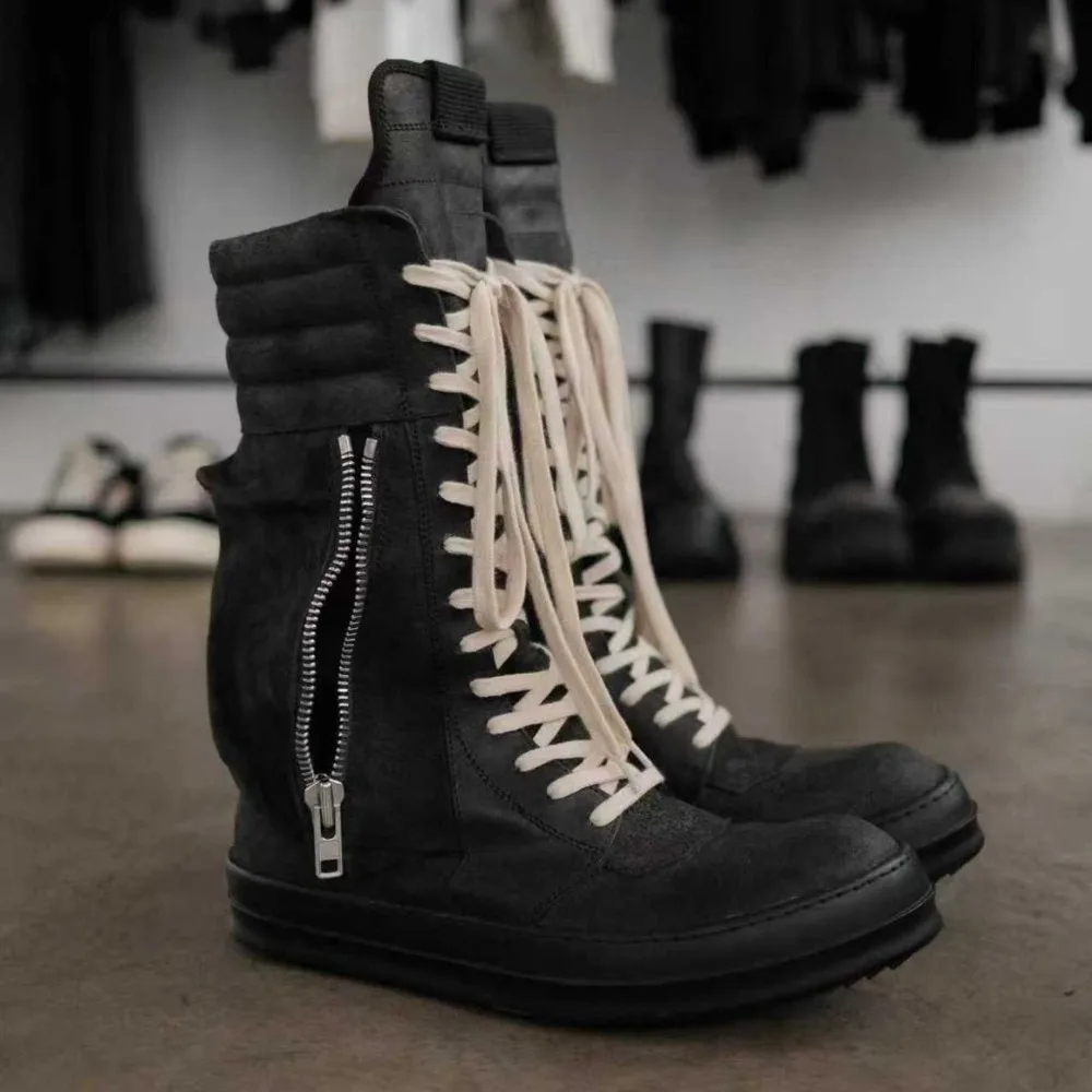 

Men Women High Top Leather Motorcycle Boots Casual Platform Western Riding Boots Horsehair Luxury Sneakers Lace Up Side Zipper