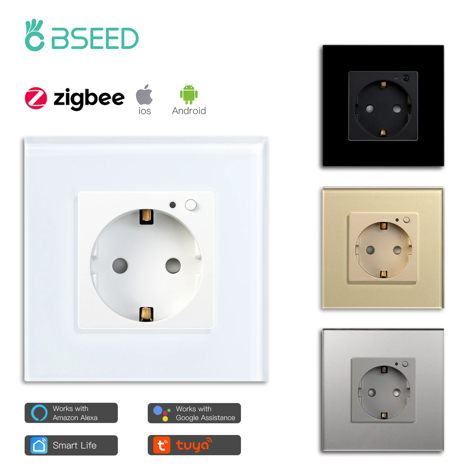 BSEED Single ZigBee Energy Monitor Wall Sockets Double Smart Meter Sockets Google Smart Life App Control Alexa Triple Sockets EU