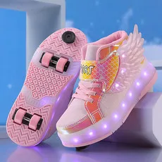 Children’s Two Wheels Luminous Glowing Sneakers Heels Pink Led Light Roller Skate Shoes Kids Led Shoes Boys Girls USB Charging