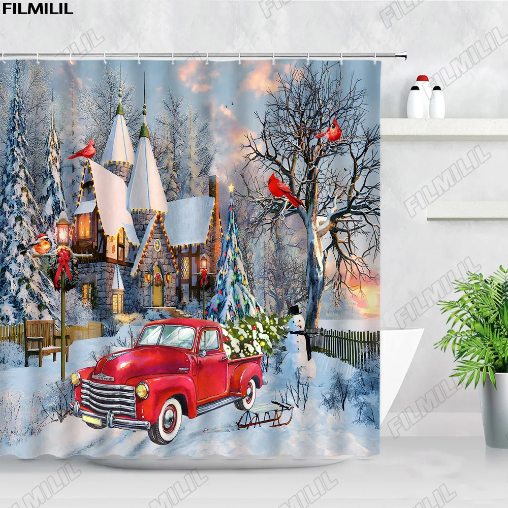 Christmas Shower Curtain for Bathroom Decor Funny Santa Clause Reindeer Xmas Tree Moon Winter Scenery New Year Home Wall Hanging