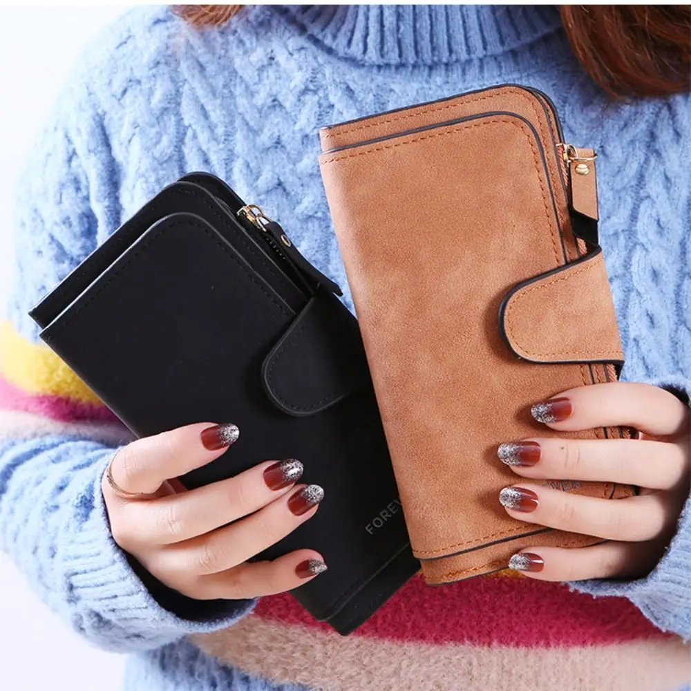 

Portable Frosted Three Folding Wallet Hasp Handheld Credit Card Bag Long Zipper PU Leather Coin Purse Male