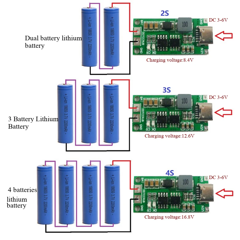2-Zellen-, 3-Zellen-, 4-Zellen-Lithium-Ionen-Batterieladegerät mit Batterieschutzplatine, Typ-C, USB-Boost-Ladeplatine, DC3-5V – Detail 2