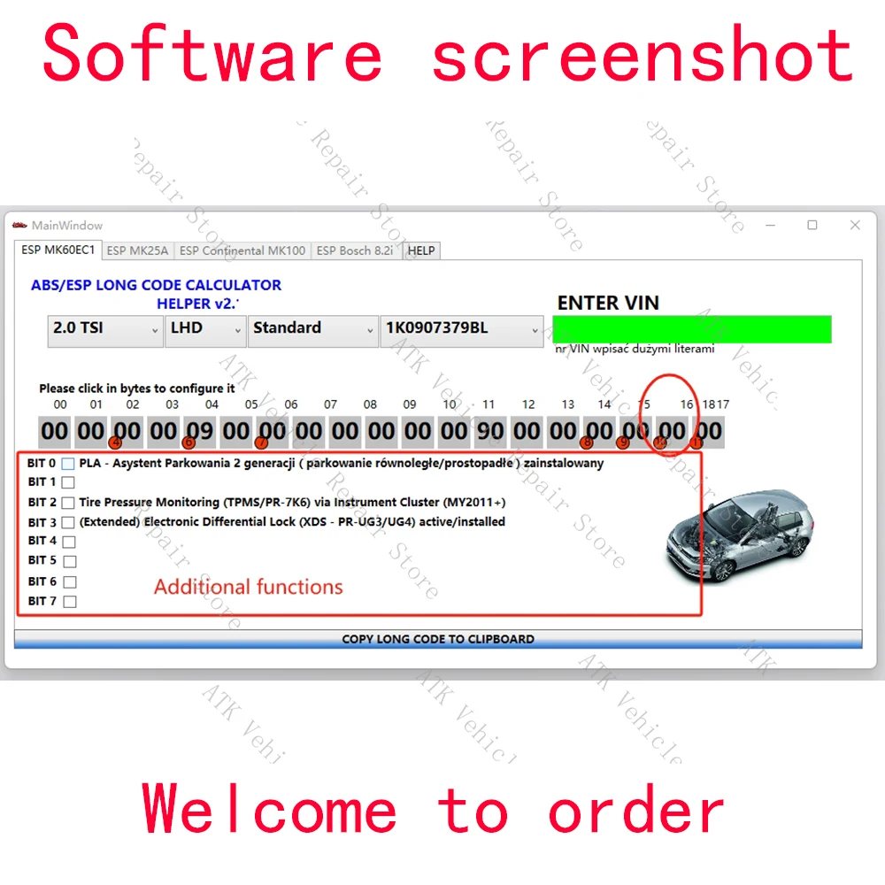 ABS ESP Long Code Calculator easily generates long codes 1K0907379AD 1K0907379AH 1K0907379AJ for Bosch ESP devices 1K0907379AM