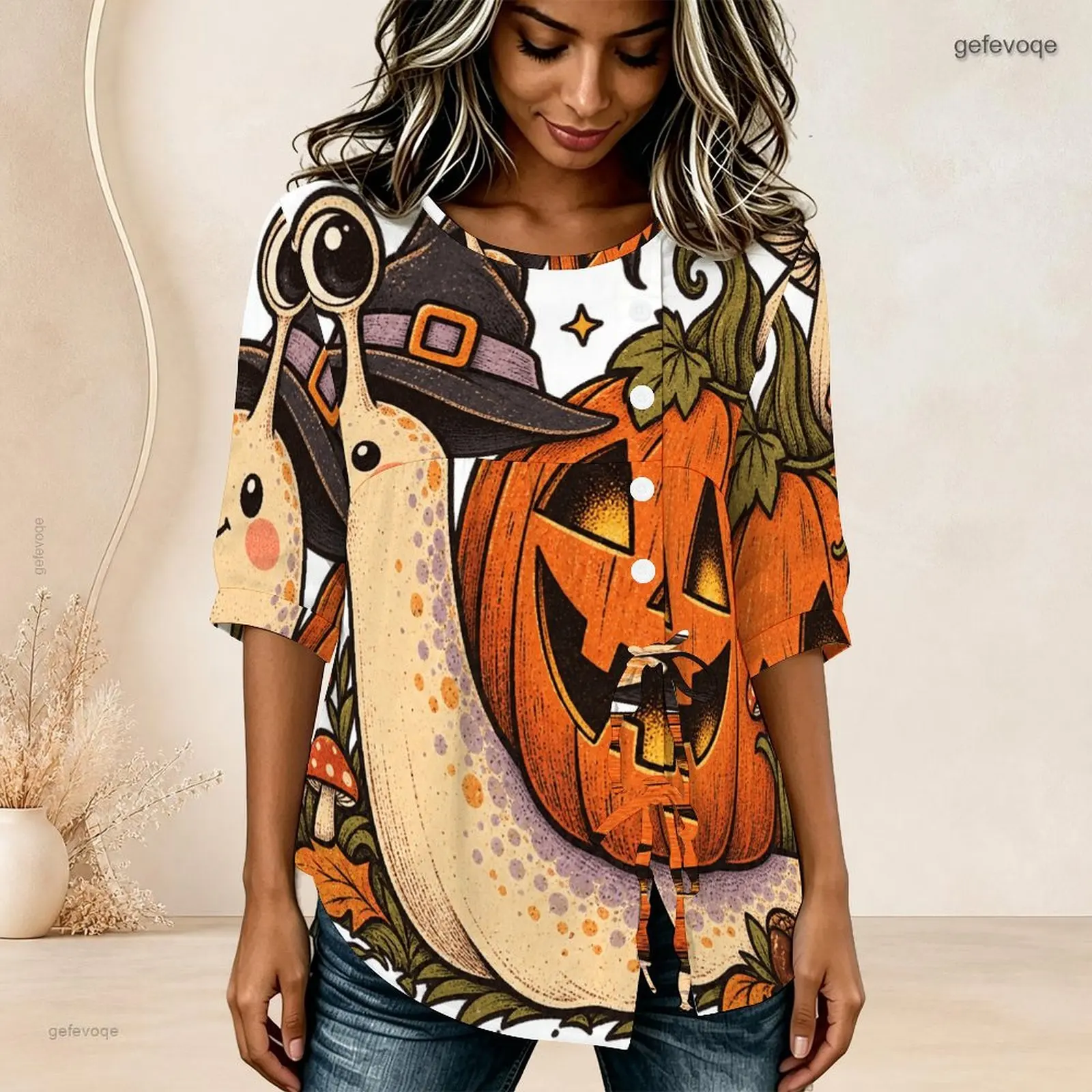 Printed Blouse for Women Round Neck Half Sleeve Gathered Front Button Detail Tie Hem